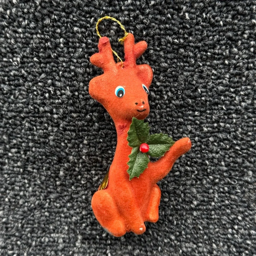 Vintage Flocked Christmas Ornaments Set Santa Skier Reindeer Mouse‎ Mid Century